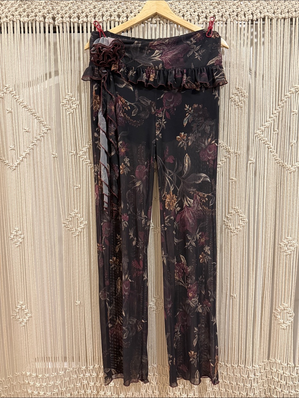 Free People Mesh Floral Black Ruffle Wide-Leg Pants